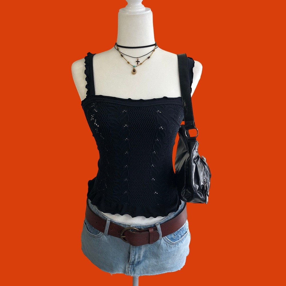 Intimately Free People Black Pointelle Lettuce-Edge TankTop XS / S Grunge Indie